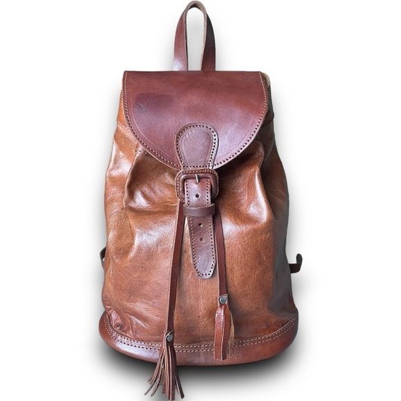 Handbags - Handmade Vintage Genuine Leather Backpack Brown Tassel Drawstring Buckle 90s USA